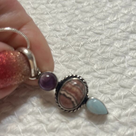 Unique AMETHYST, RHODOCHROSITE & LARIMAR Handmade Sterling 925 Pendant/Chain #63 - Picture 1 of 3